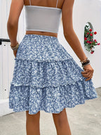 2026Women Summer Floral Print Tiered Cake Skirt Bohemian Elastic High Waist Ruffle Hem A-Line Mini Skirt Casual Beach Holiday