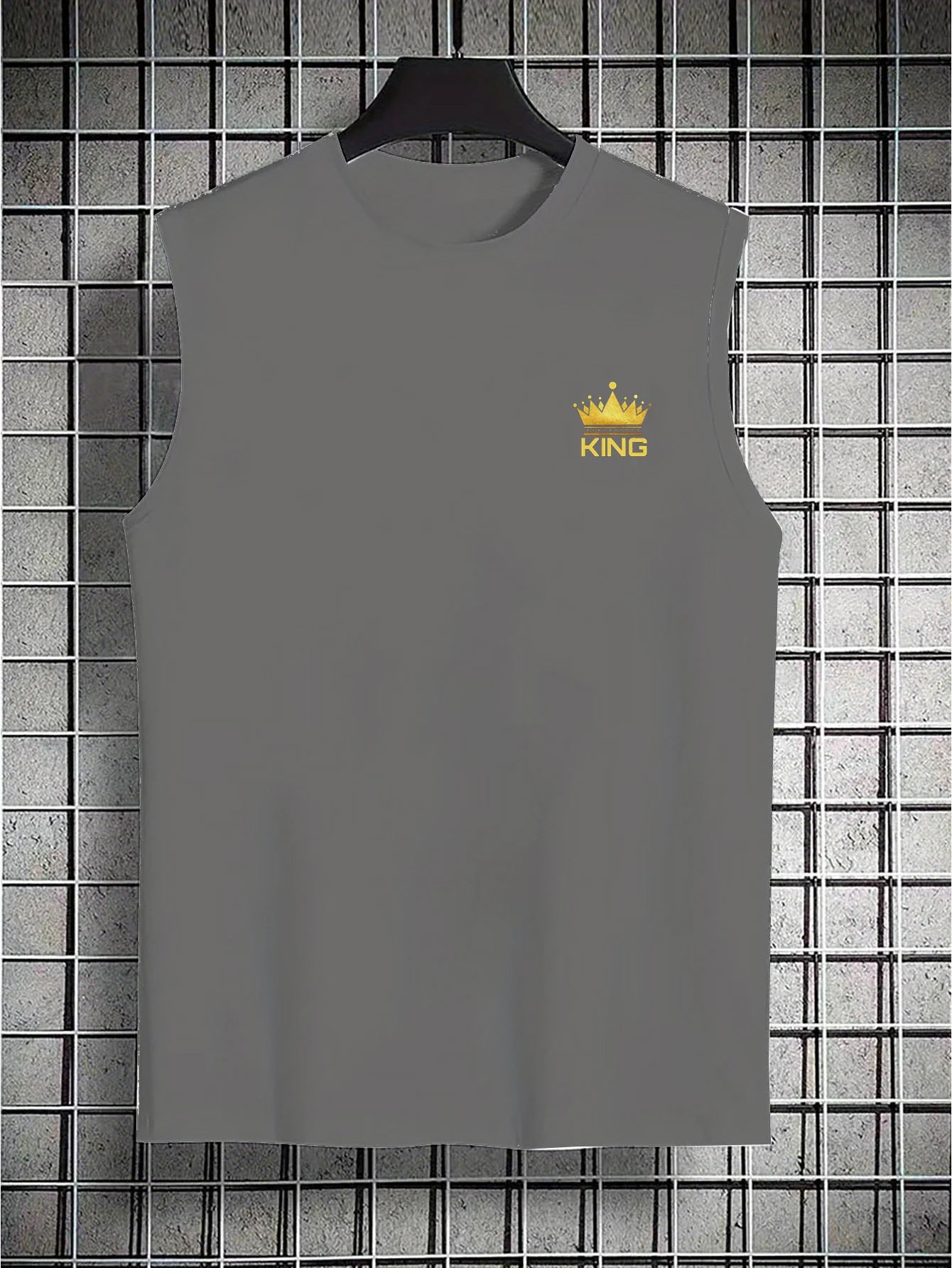 Men's Summer Leisure Sports Fitness Loose KING Crown Pattern Printed Comfortable Breathable Round Neck Sleeveless Tank Top
