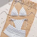 Women's Retro Polka Dot Bikini Three Piece Set Neck Hanging Triangle Cup Top With Suspender Summer Beach Vacation Sexy Swimsuit