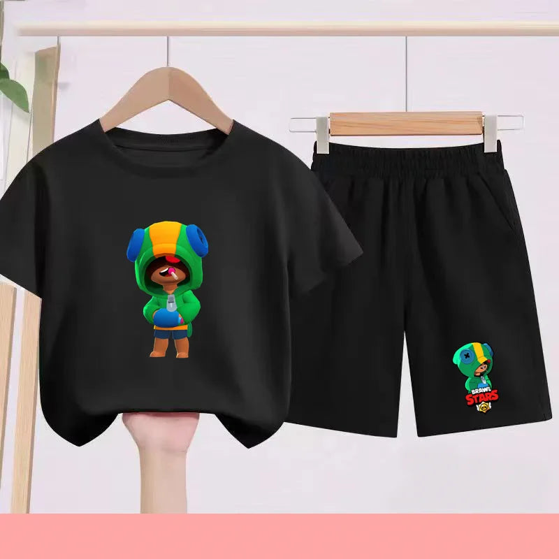 Children's Set Summer Suitable for Both Boys and Girls -Round-neck Cartoon Anime Sports T-Shirt Baby Short-Sleeved Shorts (Set)