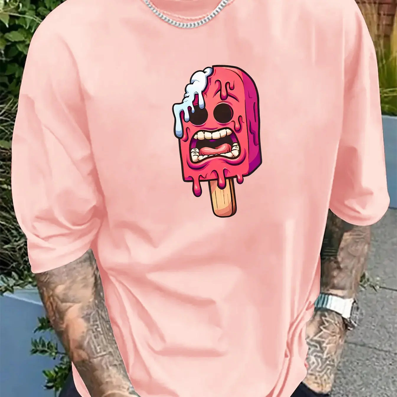 Men's summer 100% pure cotton fashionable casual sports loose ice cream pattern print round neck short sleeved T-shirt top