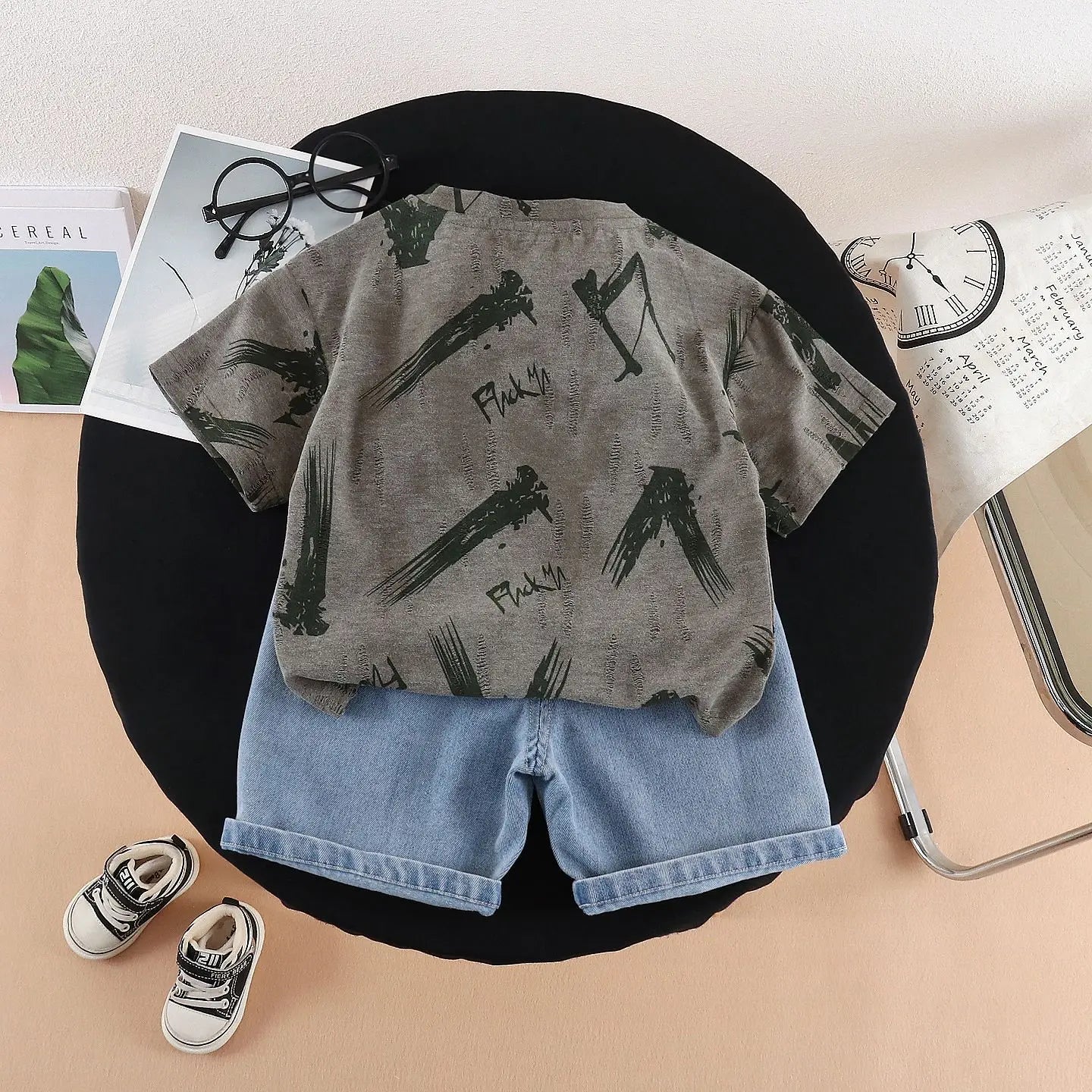 Children Streetwear 2 Piece Outfit boys 1-5 Years Summer Cotton Short Sleeve T-Shirt Denim Shorts Graffiti Print set