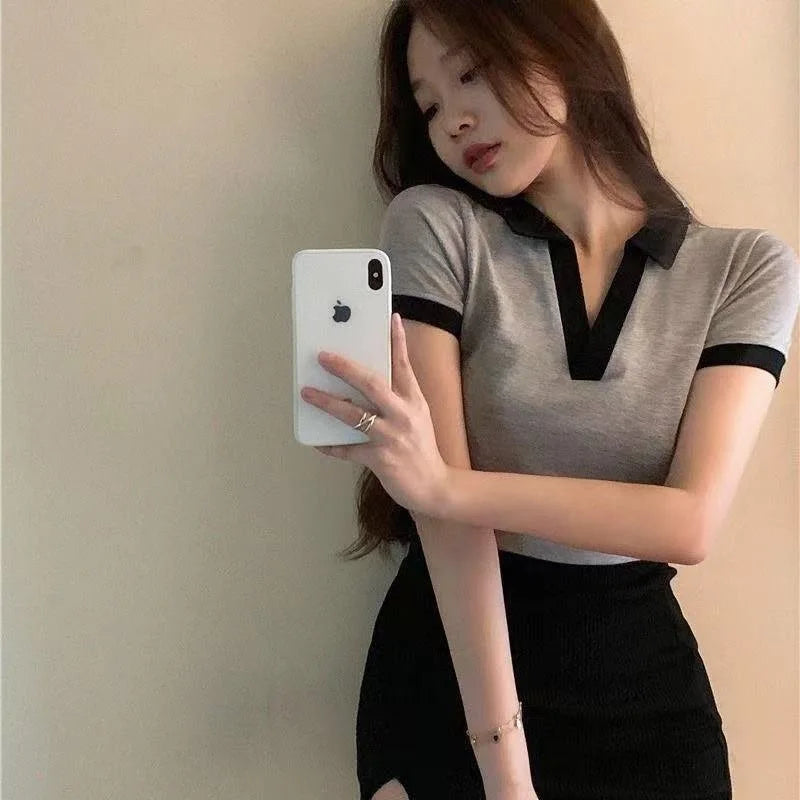 Summer Fashion Y2K T-shirt Woman Patchwork Polo Tee Shirt Femme Sexy OL Clothes Women Short Sleeve V-neck Tshirts Tops