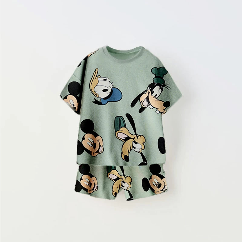 Mickey Mouse Tshirt+Short 2Piece Set Summer Wear Children New Short Sleeve Suit 2026 Summer Kids Cartoon T-shirt Loose Shorts