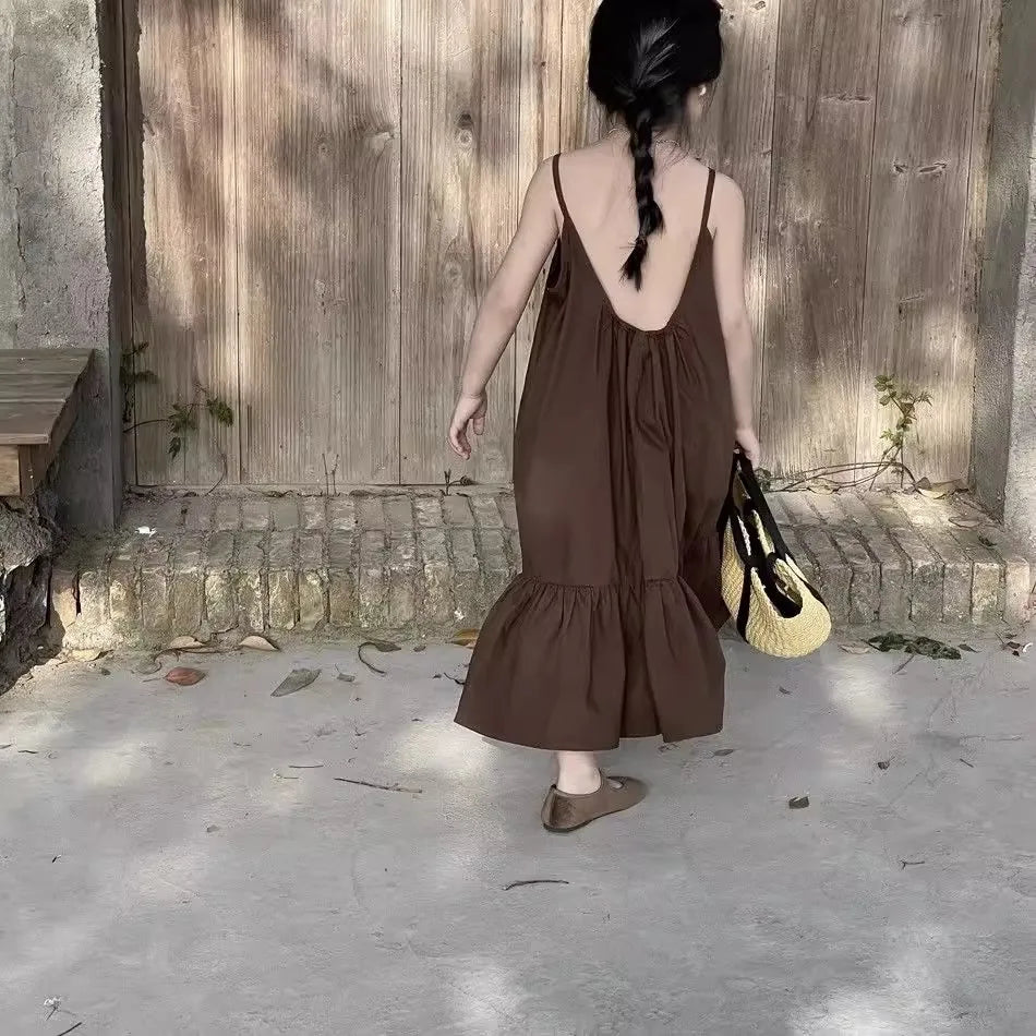 Brown sleeveless beach vacation loose dress For 2-10 Yrs Baby Girls Back To School Clothes 2026 New Summer