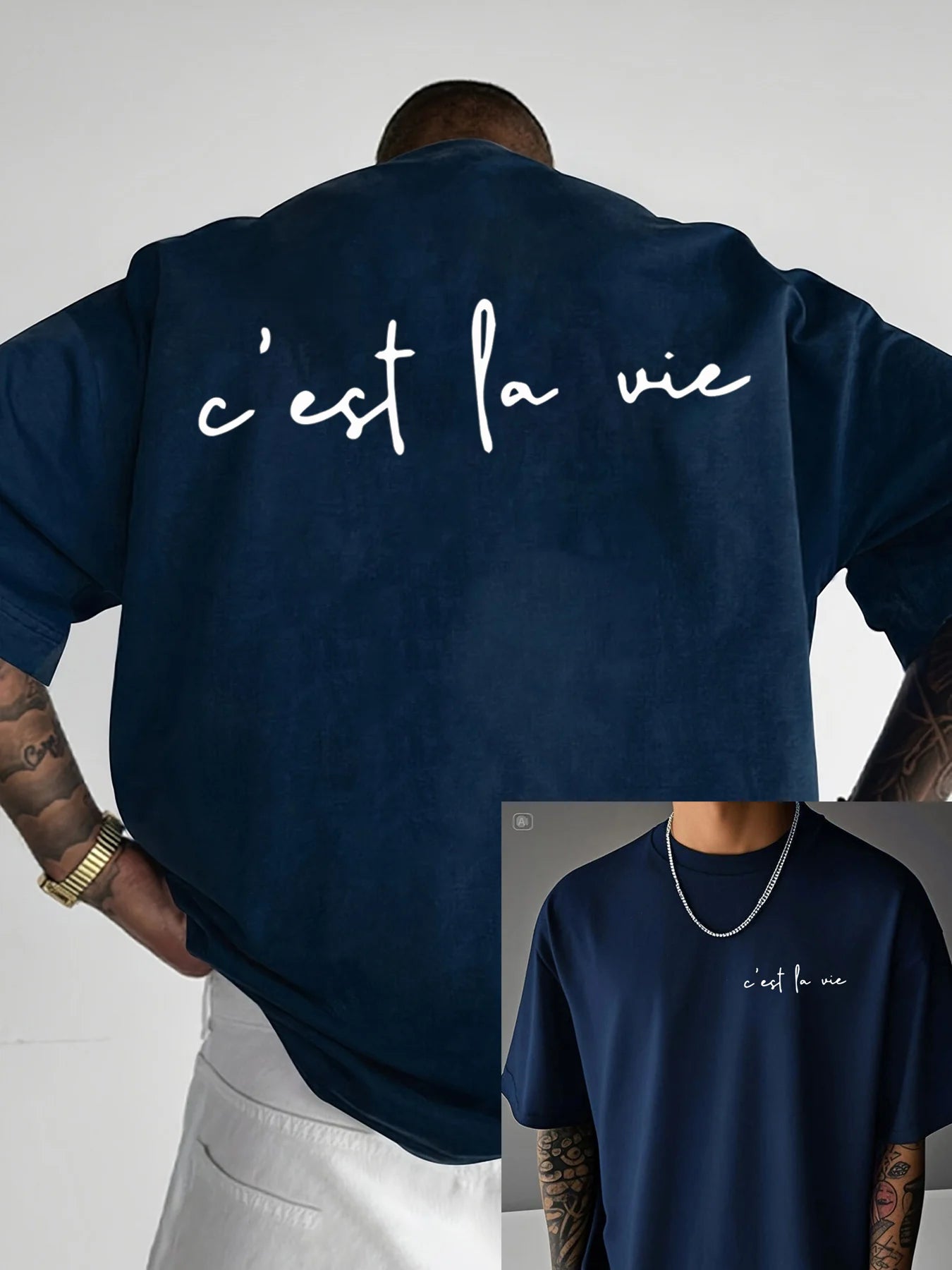 100% pure cotton summer men's fashionable casual loose c'est la vie letter double-sided printed round neck short sleeved T-shirt
