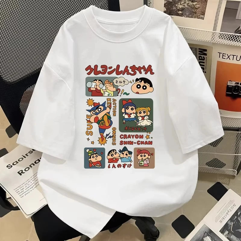 2026 Summer Comic Form Crayon Shin-chan Image 100% Cotton Printed Oversize Casual T-shirt Adult Children Parent-child Top y2k.