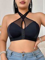 Plus Size Wireless Halter Bra With Mesh Panel And Front Closure