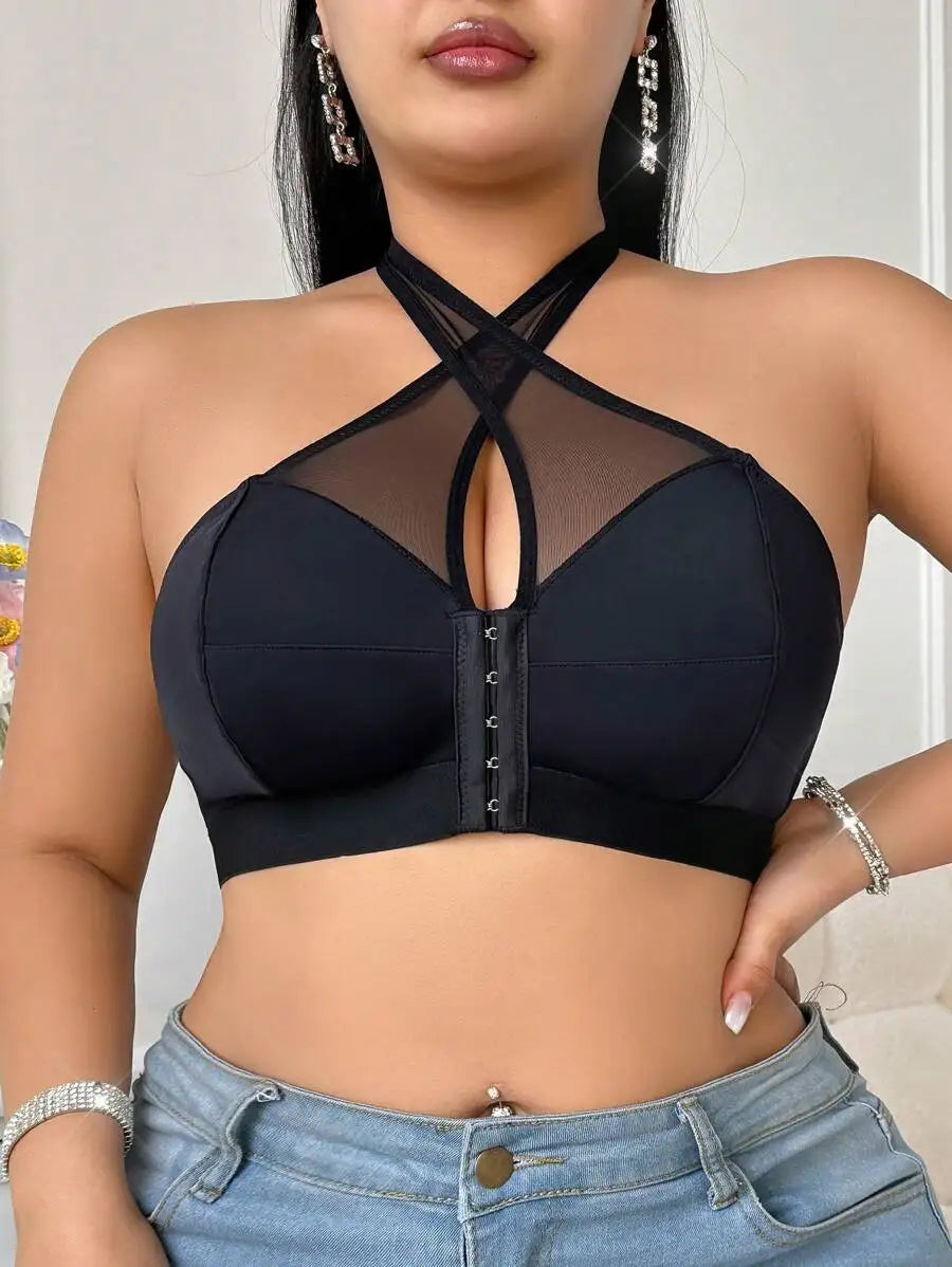 Plus Size Wireless Halter Bra With Mesh Panel And Front Closure