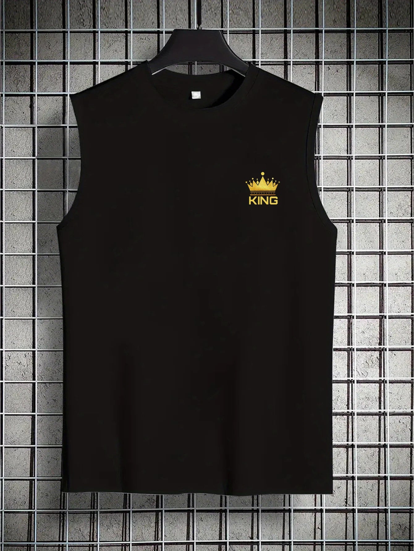 Men's Summer Leisure Sports Fitness Loose KING Crown Pattern Printed Comfortable Breathable Round Neck Sleeveless Tank Top