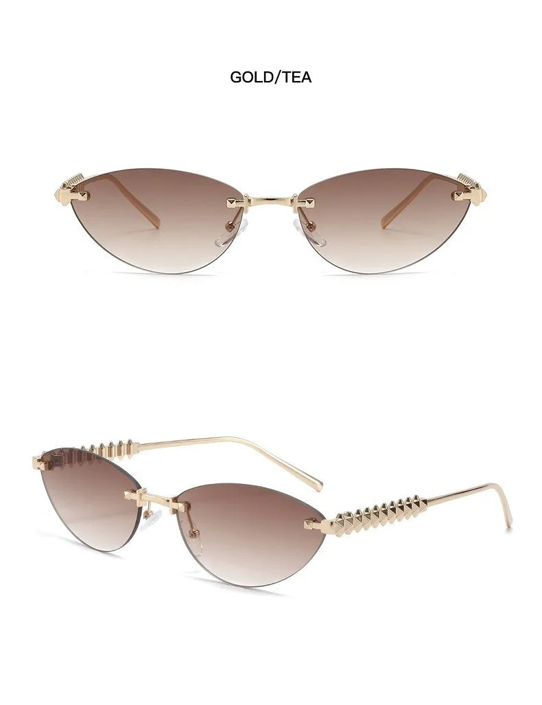 Fashion Trendy Retro Cat Eye Sunglasses Women Luxury Designer Vintage Style Chic Frameless Metal Small Triangle Eyewear