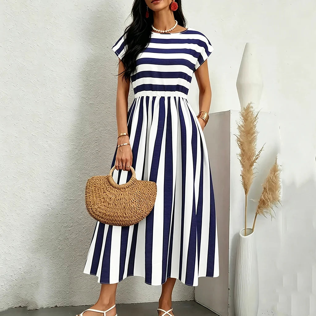 Women Elegant Blue White Stripe Midi Dress Elastic Waist Cap Sleeve Casual A-line Sundress with Pockets for Holiday Daily Wear