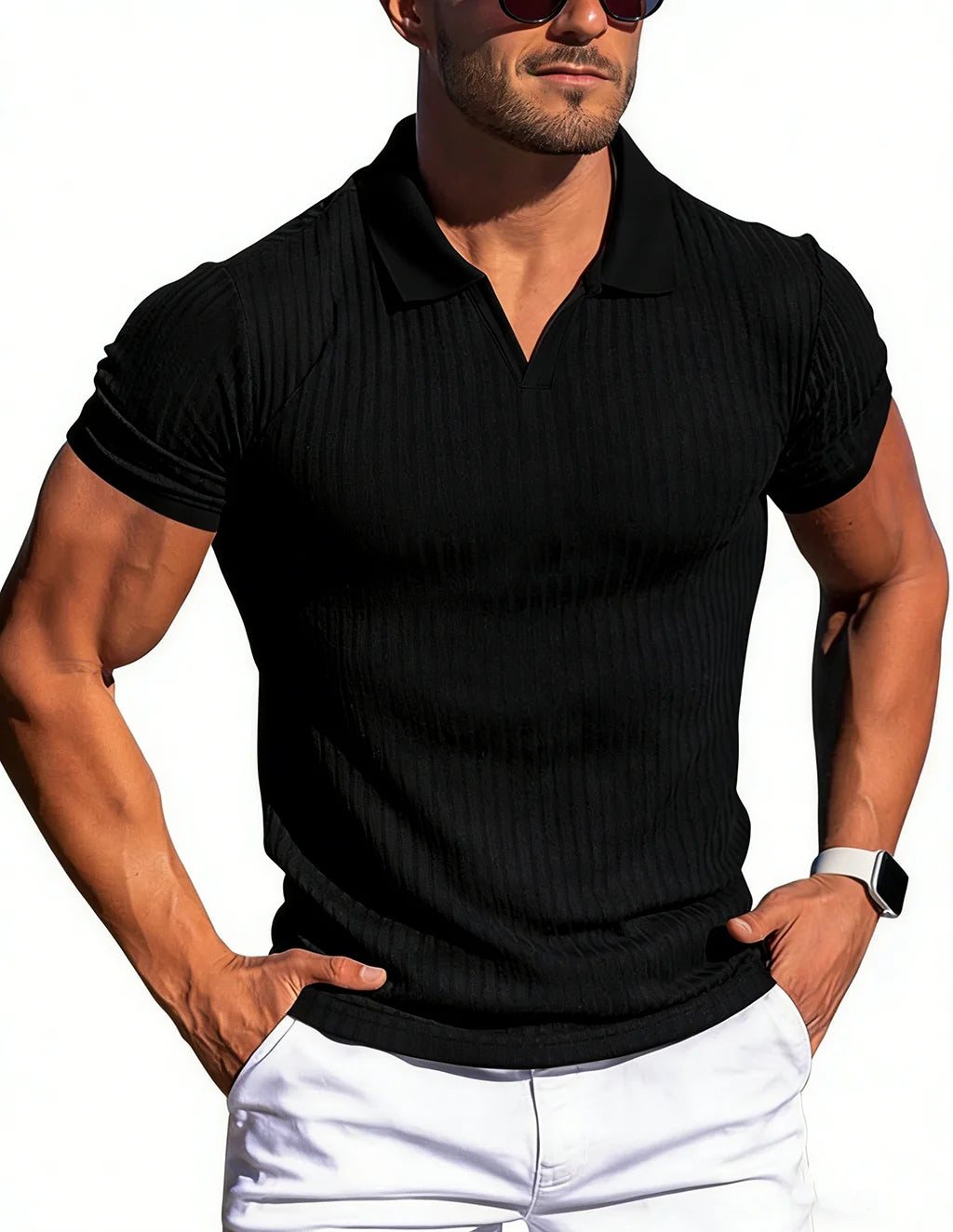 Men's Slim Fit V-Neck Ribbed T-Shirt 2025 Summer Casual Short Sleeve Muscle Fit Tops Streetwear Fashion Bodycon Tees