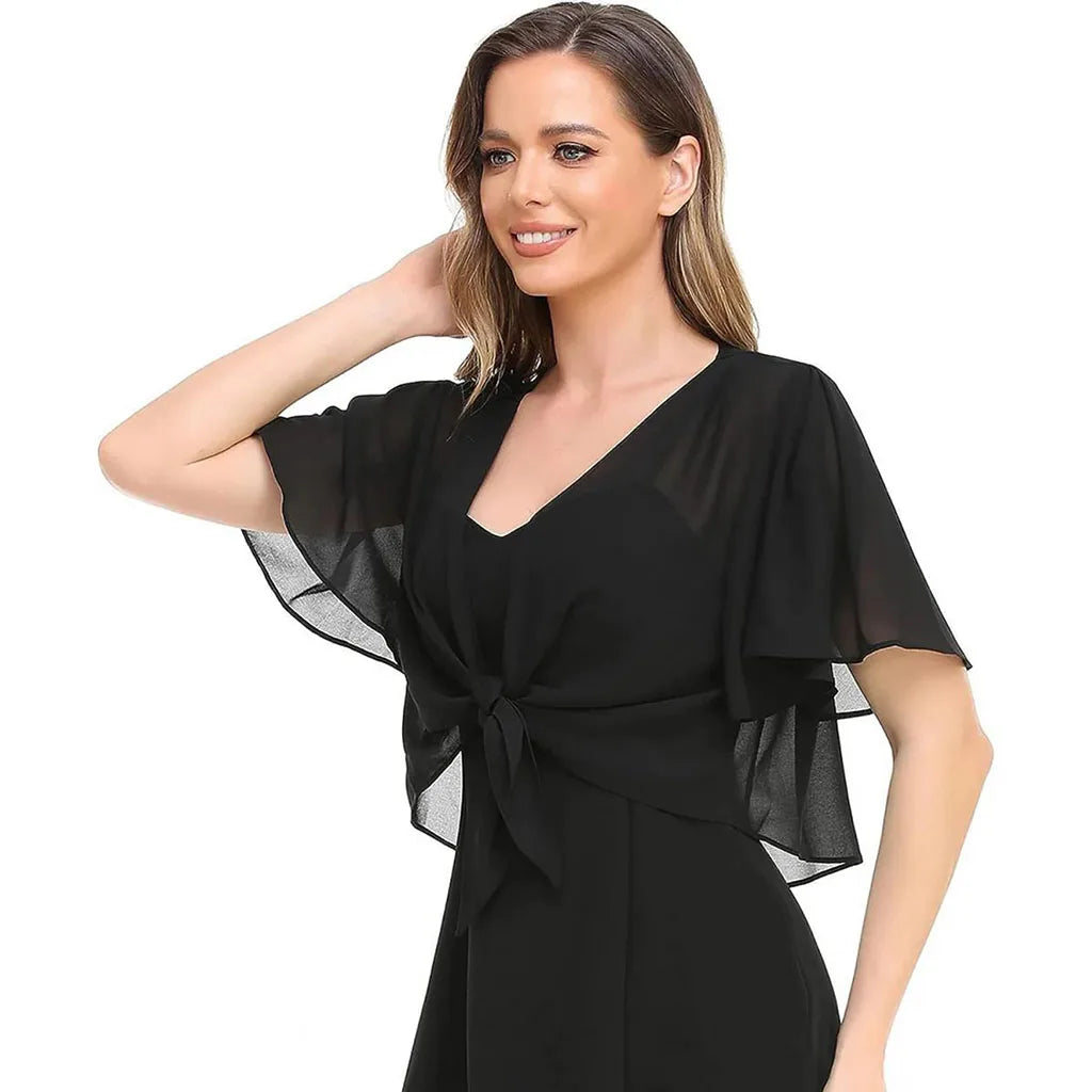 2026 Europe and the United States new women's blouse solid color short-sleeved cardigan thin chiffon cape tied and tied cape