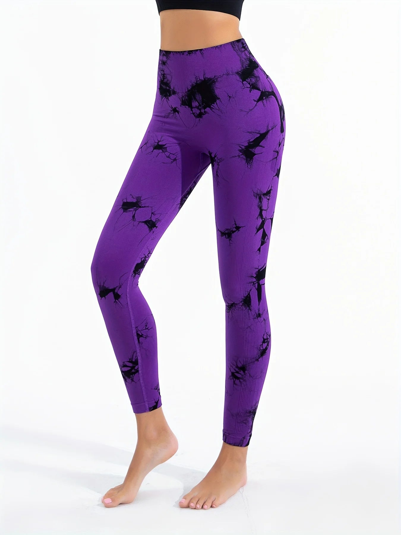 Women Tie Dye High Waist Yoga Leggings, Seamless Ribbed Workout Pants, Quick Dry Compression Gym Fitness Tights