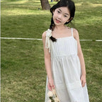 2026 New Girls Dresses Summer Solid Suspenders Dress Hollow-out Long-Sleeved Base Blouse Kid's Beach Wear