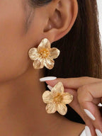 Gold Floral Stud Earrings with Textured Petals and Beaded Center for Women