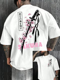 Men's Summer 100% Cotton Fashion Casual Loose Samurai Sword&Cherry Blossom Graphic Print Round Neck Short Sleeve T-shirt Top