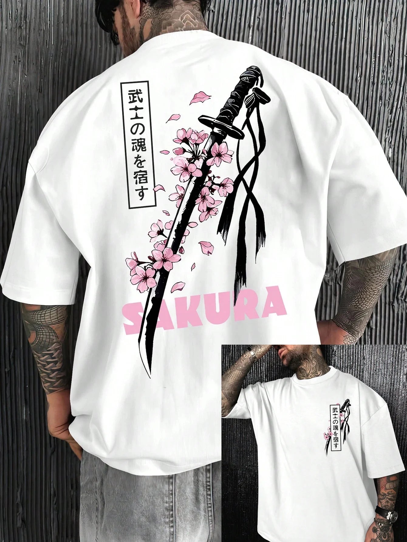 Men's Summer 100% Cotton Fashion Casual Loose Samurai Sword&Cherry Blossom Graphic Print Round Neck Short Sleeve T-shirt Top