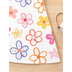 2026Girls White Bottom Colorful Flower Print Short Sleeve Dress