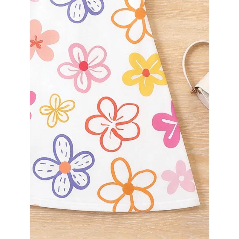 2026Girls White Bottom Colorful Flower Print Short Sleeve Dress