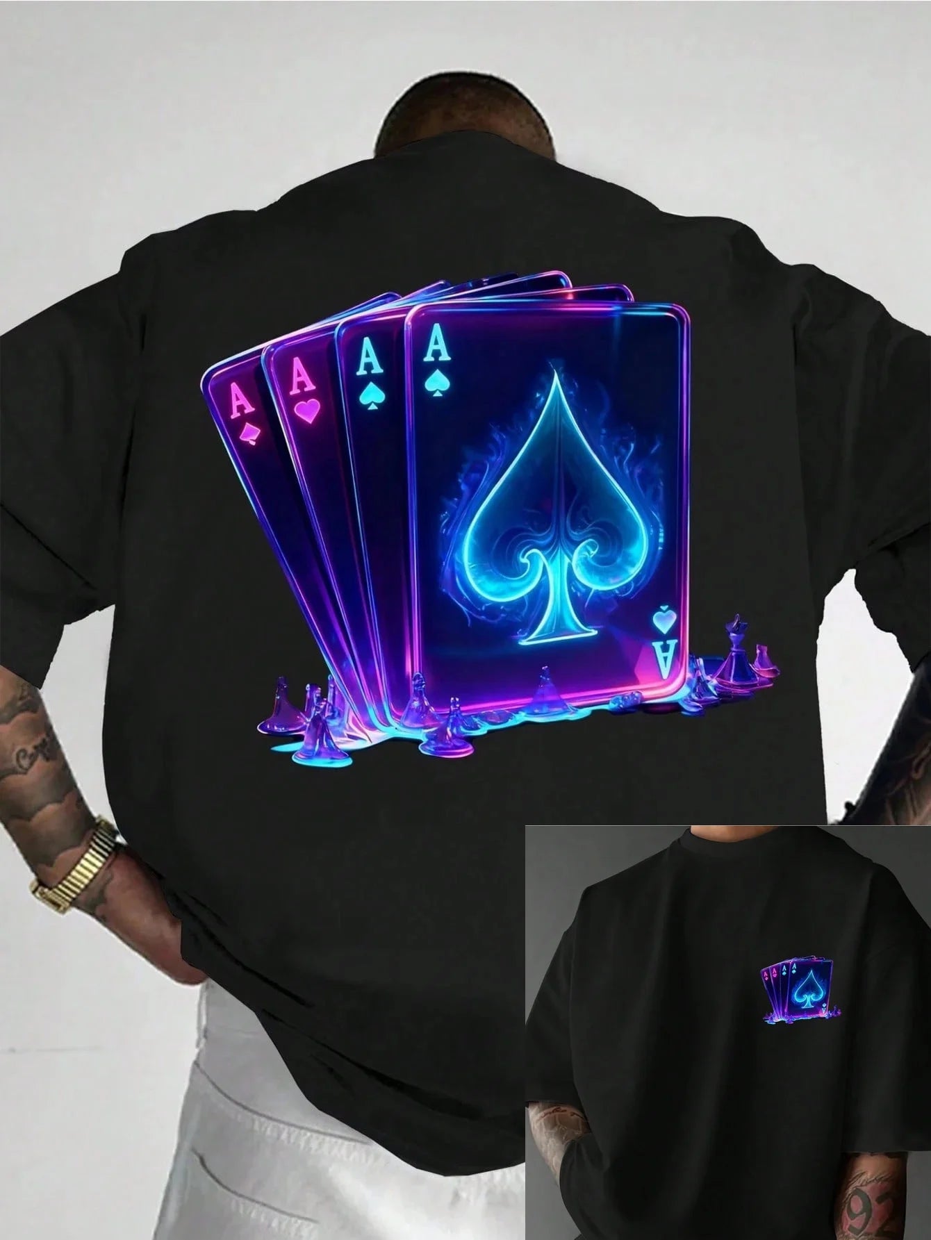 Men's summer 100% pure cotton fashionable casual sports loose Cool Playing Card Print round neck short sleeved T-shirt versatile