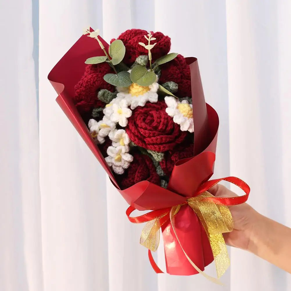 Handmade Crochet Flower Bouquet Knitted Rose Artificial Flowers For Home Decor Valentine's Day Mother's Day Anniversary Gif Y4c5