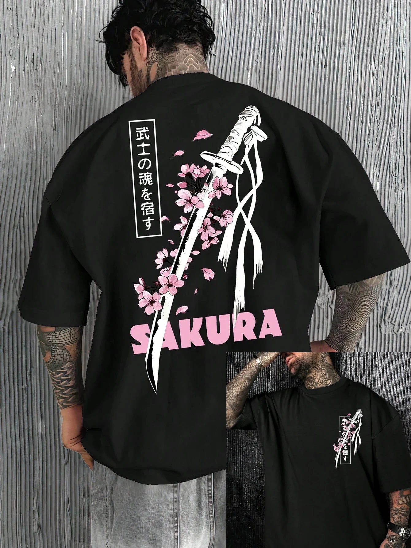 Men's Summer 100% Cotton Fashion Casual Loose Samurai Sword&Cherry Blossom Graphic Print Round Neck Short Sleeve T-shirt Top