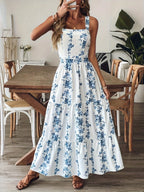 2026Boho Blue Floral Print Tiered Maxi Dress Women Square Neck Sleeveless Long Dress Summer Beachwear Streetwear Vestidos