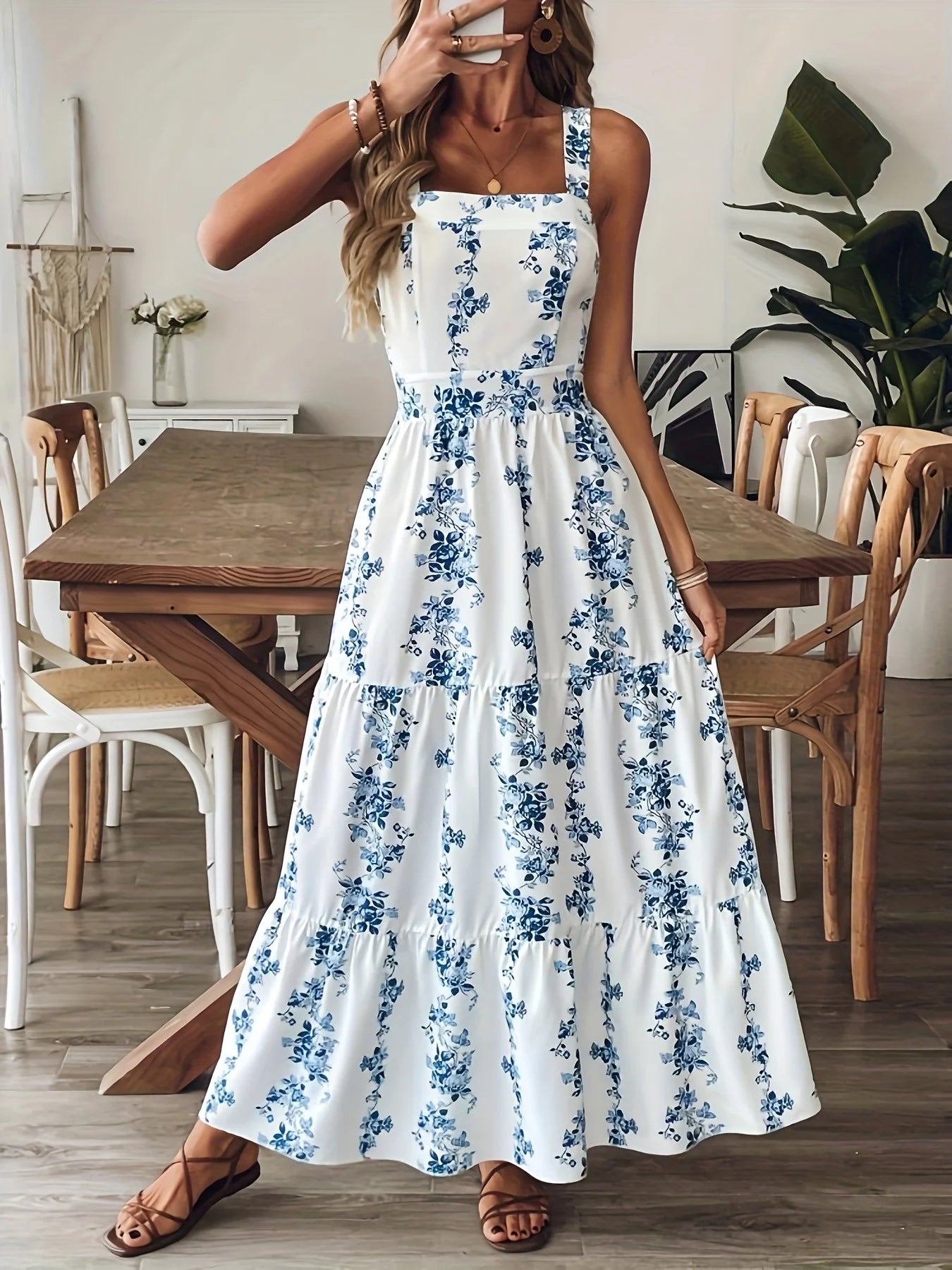 2026Boho Blue Floral Print Tiered Maxi Dress Women Square Neck Sleeveless Long Dress Summer Beachwear Streetwear Vestidos