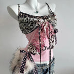 American Harajuku Hottie Camisole Subculture Leopard Patchwork Bow Halter Vest Y2K Aesthetic Letter Print Tanks Women's Slim Top