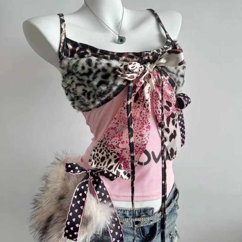 American Harajuku Hottie Camisole Subculture Leopard Patchwork Bow Halter Vest Y2K Aesthetic Letter Print Tanks Women's Slim Top