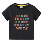 Boys Girls T-Shirt 26 Letters Print Black 100% Cotton Short Sleeve Tee Soft Casual Summer Tops for Kids Children