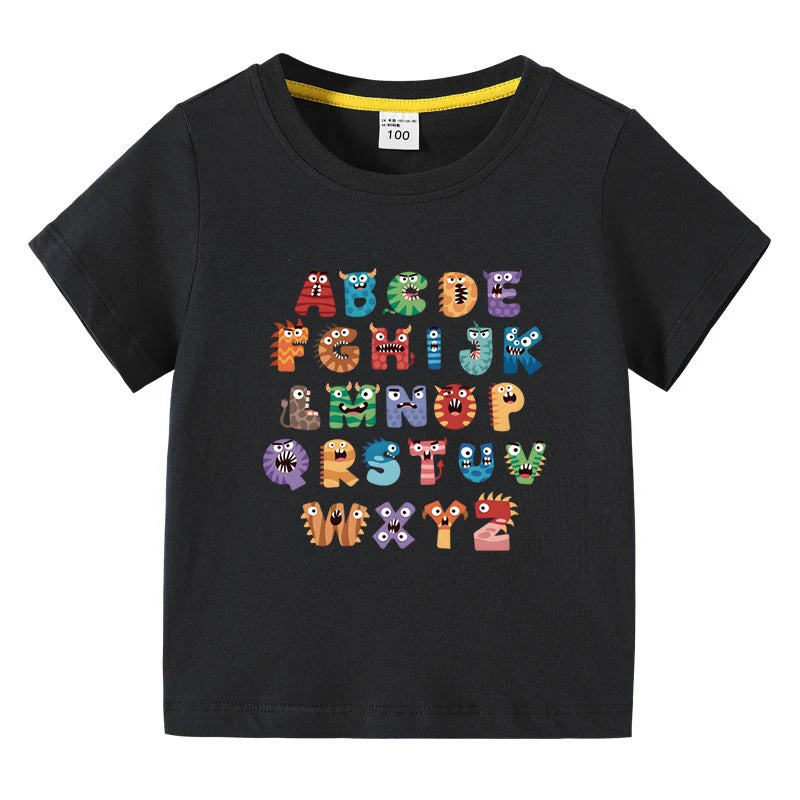Boys Girls T-Shirt 26 Letters Print Black 100% Cotton Short Sleeve Tee Soft Casual Summer Tops for Kids Children