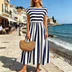 Women Elegant Blue White Stripe Midi Dress Elastic Waist Cap Sleeve Casual A-line Sundress with Pockets for Holiday Daily Wear
