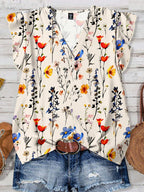 French romantic floral V-neck top with sleeveless fly edge design and colorful floral loose and versatile age reducing shirt for