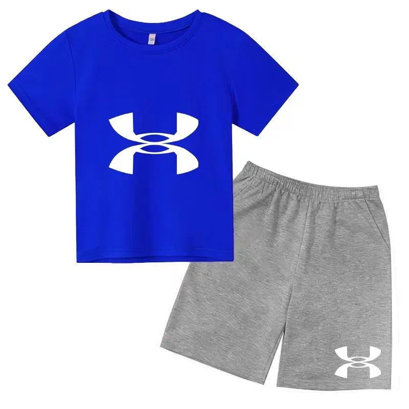 enfants en 2 piècesT-shirt et short de sport à manches courtes pour enfants avec logo imprimé - Ensemble de vêtements de sport