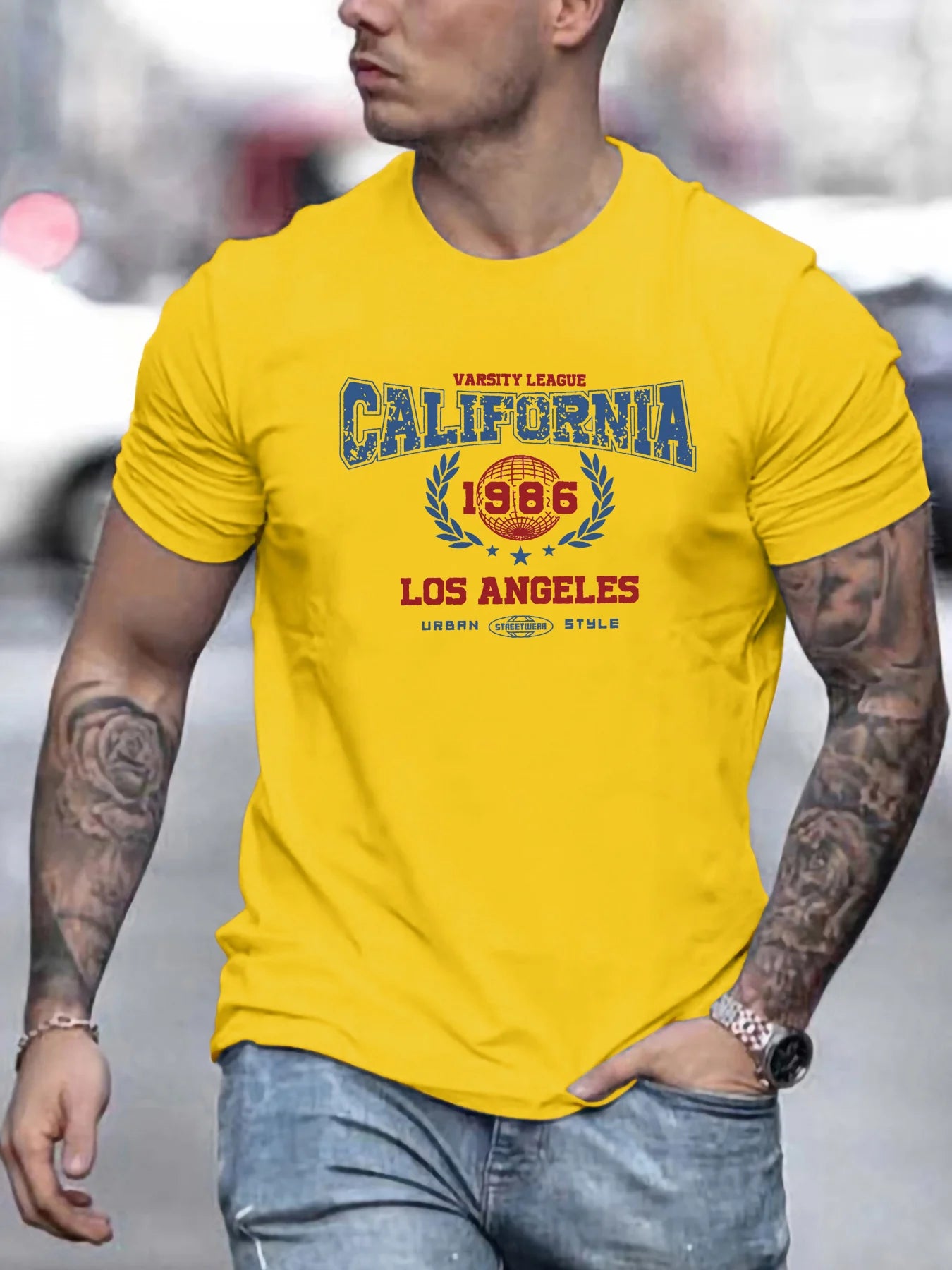 Men's summer 100% pure cotton fashionable casual loose retro California 1985 printed sports round neck short sleeved T-shirt top