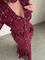 Elegant Choker V Neck Long Sleeve Maxi Dress Ruffle Wine Red Floral Print Waist Fishtail Hem Dresses Lady Party Evening Wear