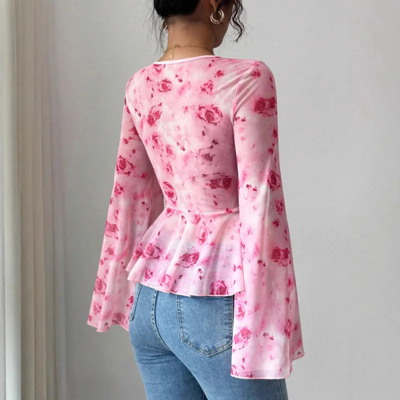 Women's Mesh Red Rose Print V-neck Top Trumpet Sleeves Bow Waist Short Style