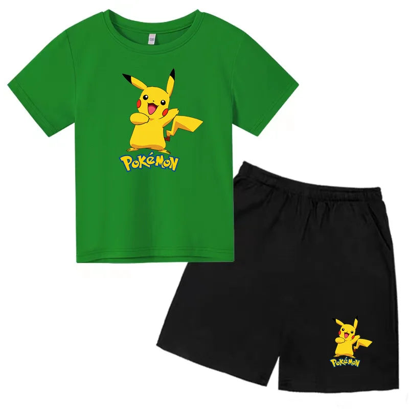 Children's Summer Set Boys and Girls Version Round-neck Cartoon Sports T-shirt - Short-sleeved Short Pants Set Clothing 3-13