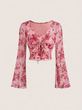 Women's T-Shirt Floral Printed Sweet V-Neck Mesh Summer Vacation Swimsuit Top Flare Long Sleeve Bow Tie Lace Up Woman Clothing