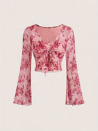 Women's T-Shirt Floral Printed Sweet V-Neck Mesh Summer Vacation Swimsuit Top Flare Long Sleeve Bow Tie Lace Up Woman Clothing