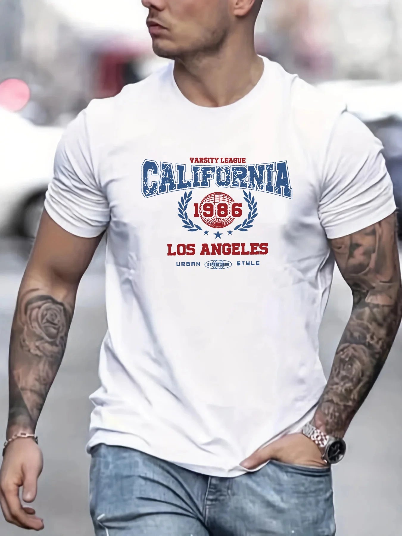 Men's summer 100% pure cotton fashionable casual loose retro California 1985 printed sports round neck short sleeved T-shirt top