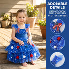 Children Tiered Ruffle Mesh Dresses Girls 4th of July Sleeveless Tutu Dress Star Decor 0-6Y Kids Independence Day Outfit