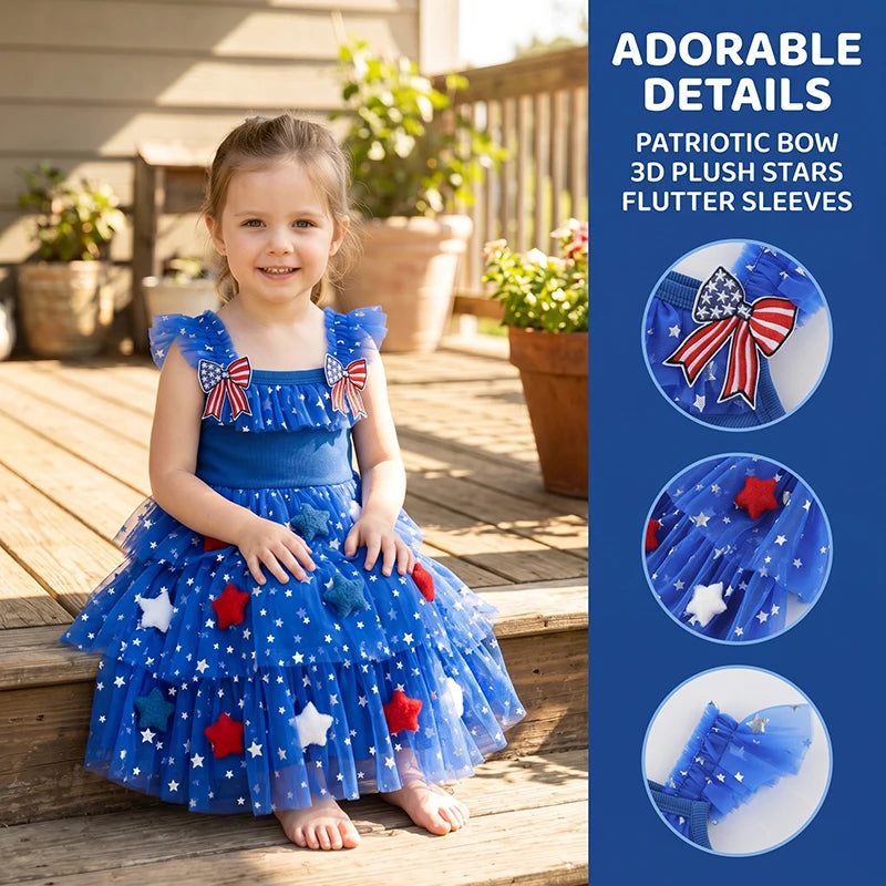 Children Tiered Ruffle Mesh Dresses Girls 4th of July Sleeveless Tutu Dress Star Decor 0-6Y Kids Independence Day Outfit