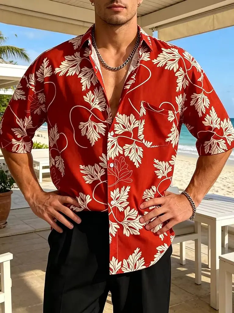 Men's Hawaiian Shirt  Japanese Ukiyo-E Wave Print, Short Sleeve, Button-Down,Casual Beach Shirt, Oversized Summer Blouse for Men