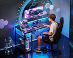 40 Inch Gaming Desk with Storage, LED Lights, Shelf & Monitor Stand in Carbon Fiber Black
