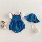 2026 Summer New Baby Girl Overalls + Cute Strawberry Lapel Shirts + Hat 3pcs Suit Fashion Infant Clothes Set Toddler Outfits