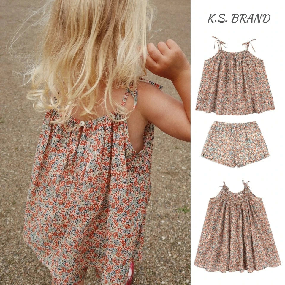 2026 New KS Summer Baby Girls Cotton Slip Dresses Kids Clothes Girl Floral Print Tank Top T-shirts Shorts Suits Children's Sets